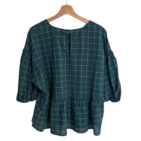 A new day green & white plaid windowpane peplum smock puff sleeve top size XL - Picture 10 of 14
